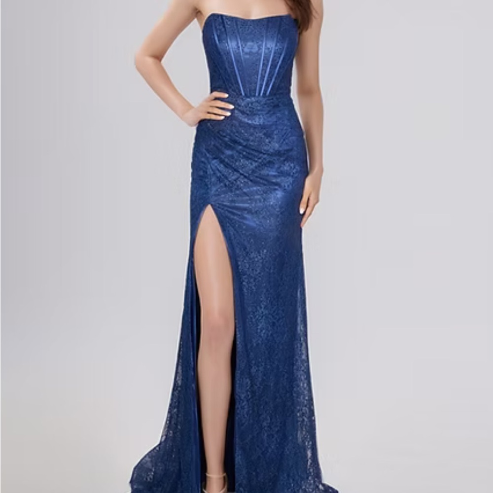 Nina Canacci Strapless Navy Lace Evening Gown with High Slit